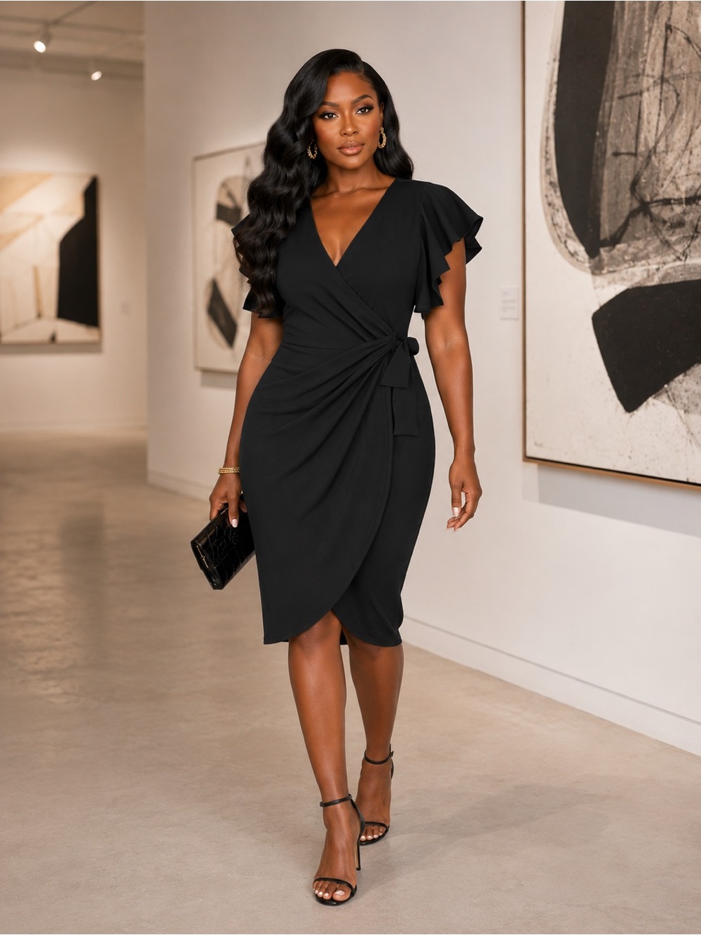 Plus Size Black Ruffle Sleeve V Neck Wrap Bodycon Dress - Picture 4 of 6